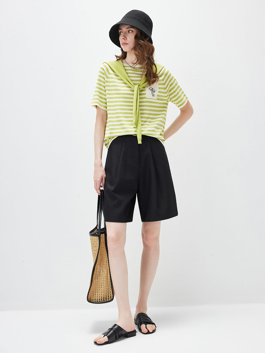 COMOBOCA Women's Striped Embroidered Pocket Knit T-Shirt