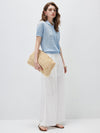 Women's Silk-Cotton Blend Peter Pan Collar Pointelle Knit Short Sleeve Top