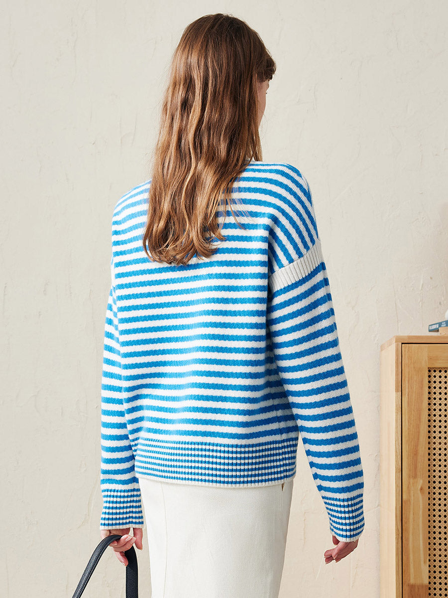 COMOBOCA 100% Wool Women's Striped Knit Pullover Sweater