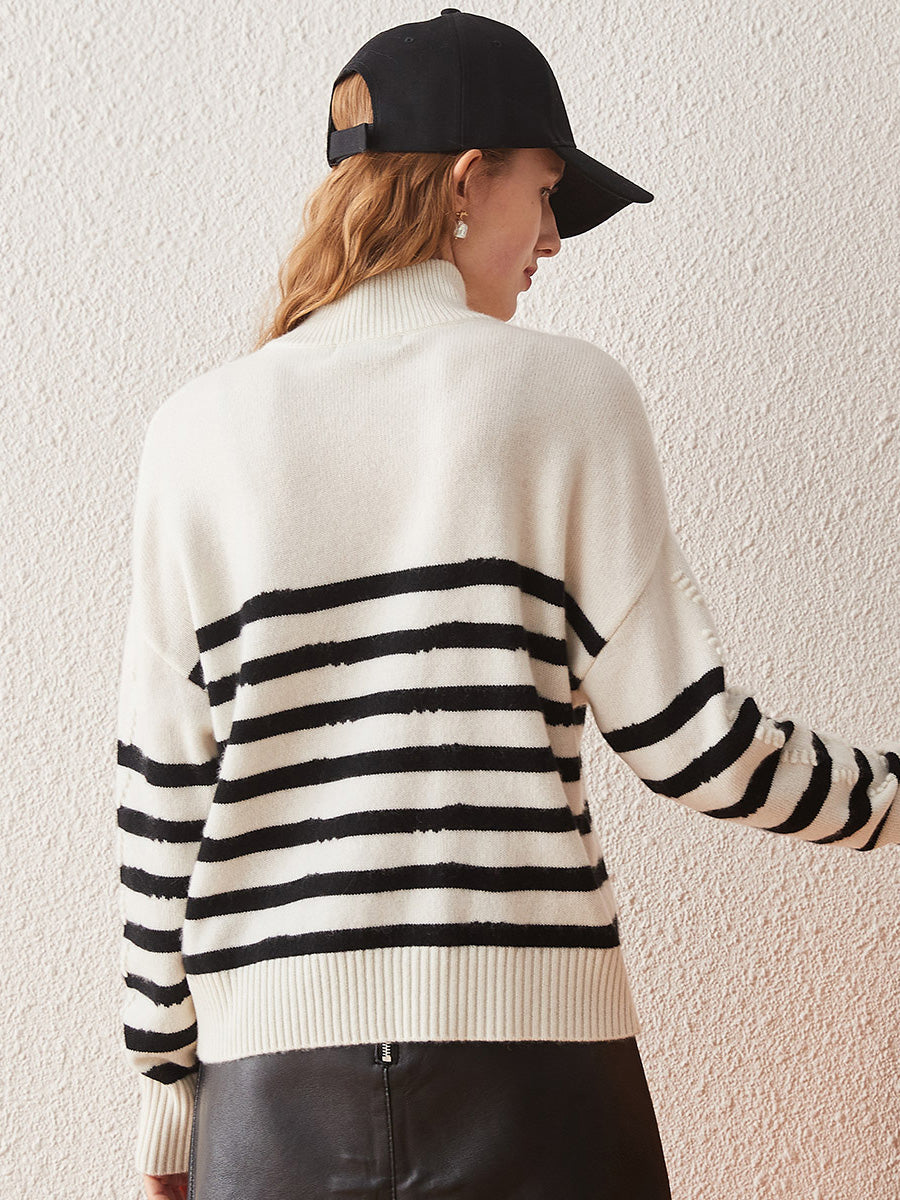 COMOBOCA 100% Cashmere Women's Striped Half-Zip Knit Sweater