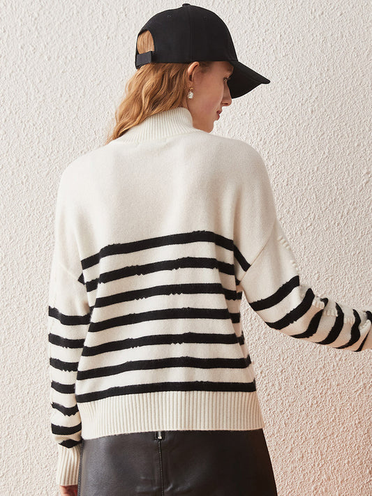 COMOBOCA 100% Cashmere Women's Striped Half-Zip Knit Sweater