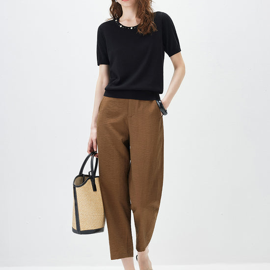 COMOBOCA Women's Rhinestone Trim Knit T-Shirt