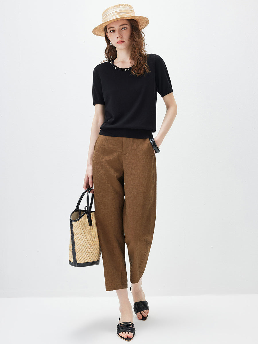 COMOBOCA Women's Rhinestone Trim Knit T-Shirt