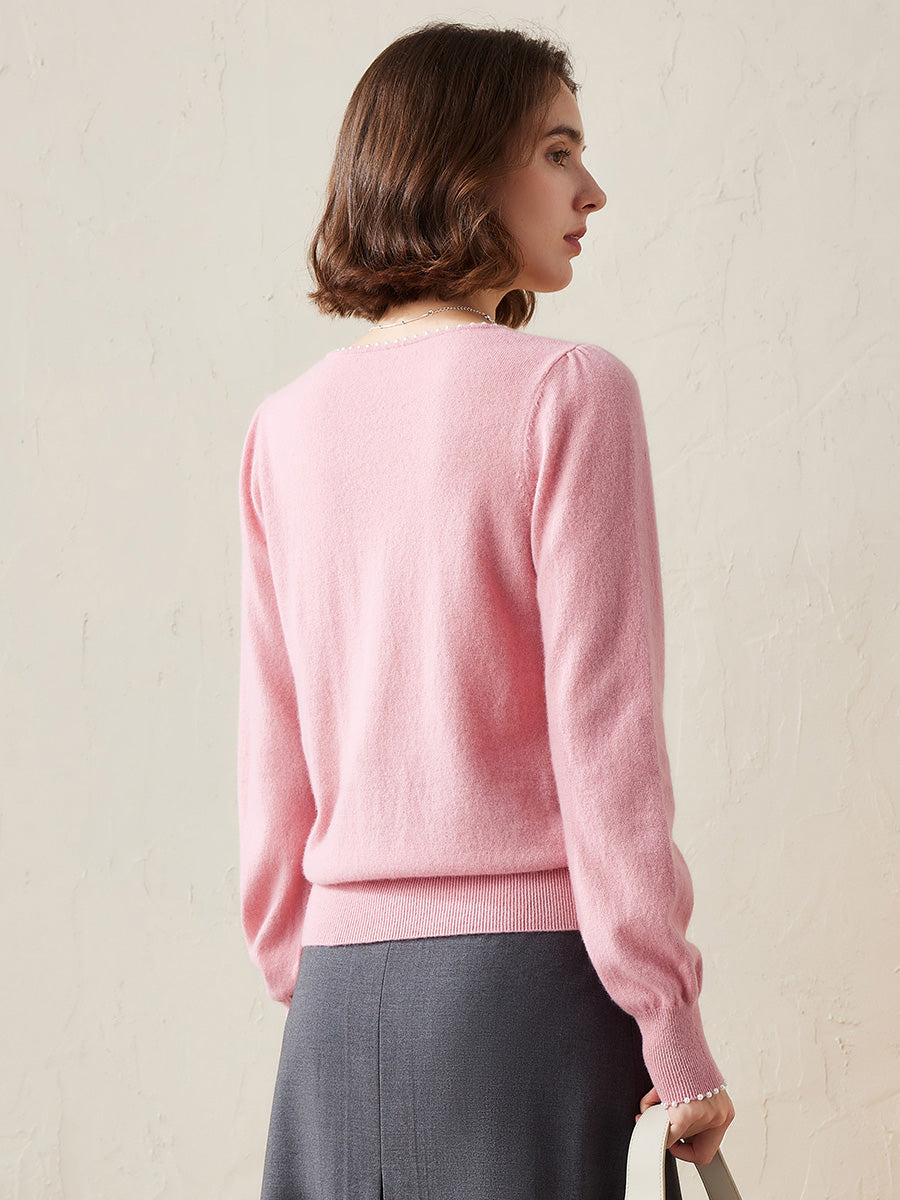 COMOBOCA 100% Cashmere Women's Pearl-Trimmed Knit Sweater