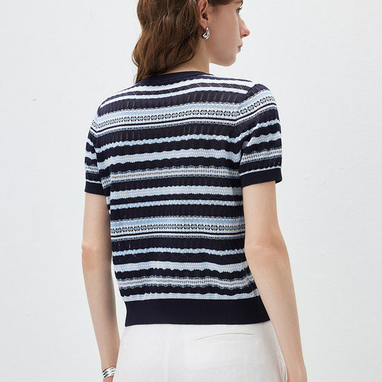 COMOBOCA Women's Mixed Stitch Striped Semi Sheer Knit T-Shirt