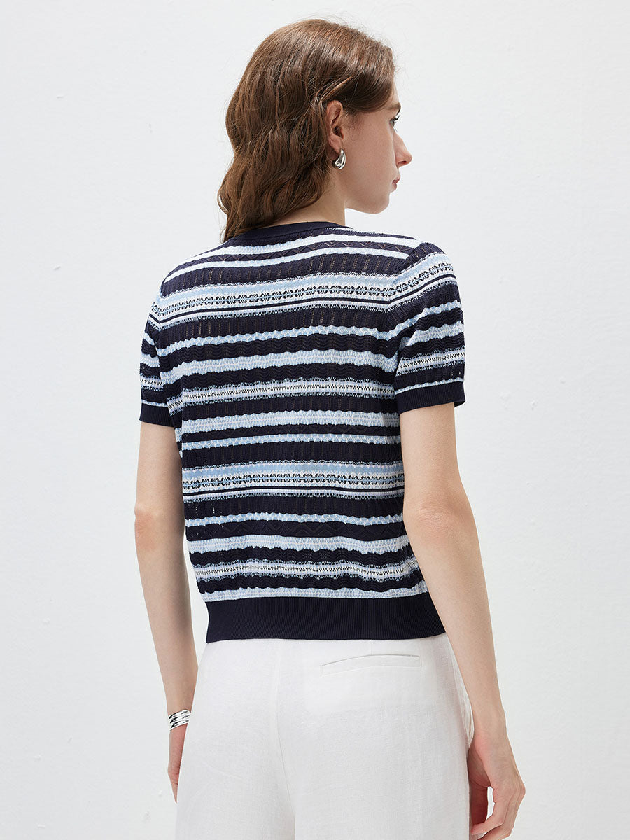COMOBOCA Women's Mixed Stitch Striped Semi Sheer Knit T-Shirt