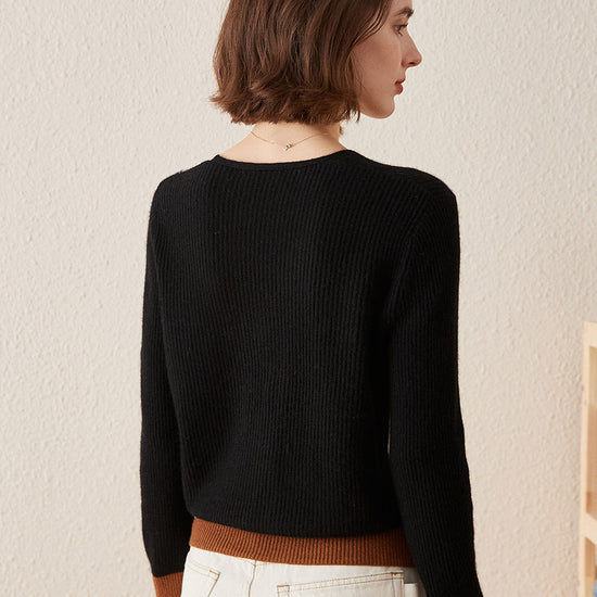 COMOBOCA 100% Cashmere Women's V-Neck Color Block Faux Sweater