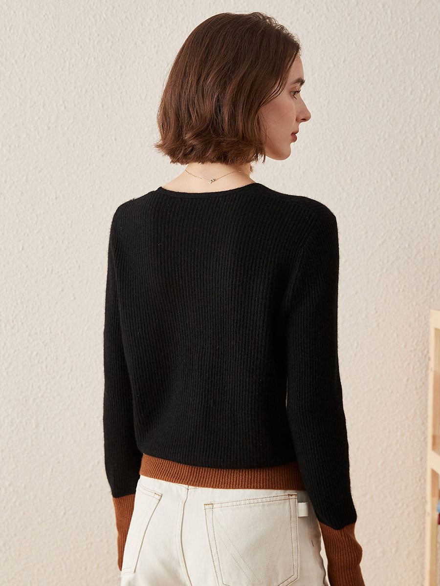 COMOBOCA 100% Cashmere Women's V-Neck Color Block Faux Sweater