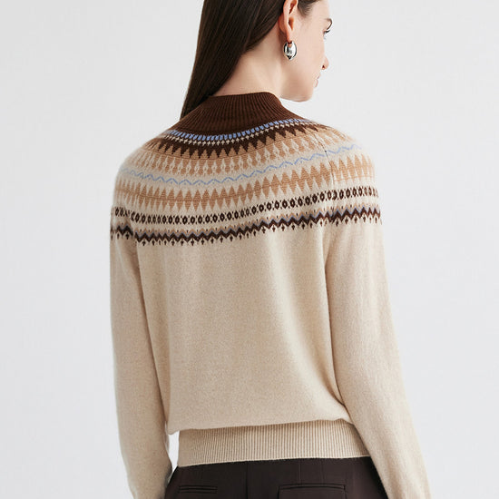 COMOBOCA 100% Cashmere Women's Fair Isle Mock Neck Button Front Sweater