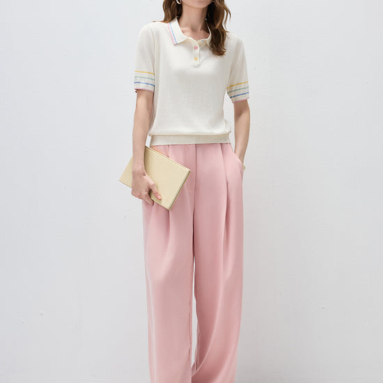 COMOBOCA Women's Knit Polo Top with Rainbow Stripes