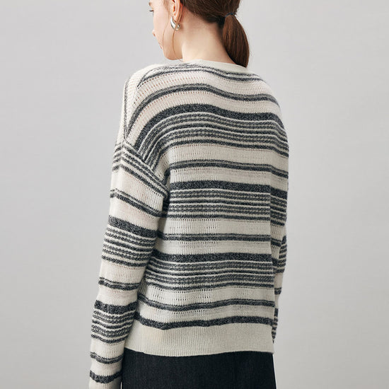 COMOBOCA 100% Cashmere Women's Striped Knit Round Neck Sweater