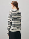 COMOBOCA 100% Cashmere Women's Striped Knit Round Neck Sweater