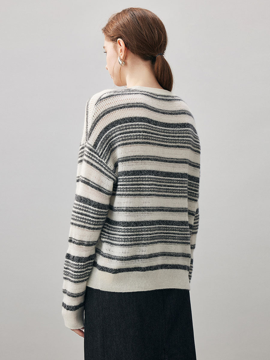 COMOBOCA 100% Cashmere Women's Striped Knit Round Neck Sweater