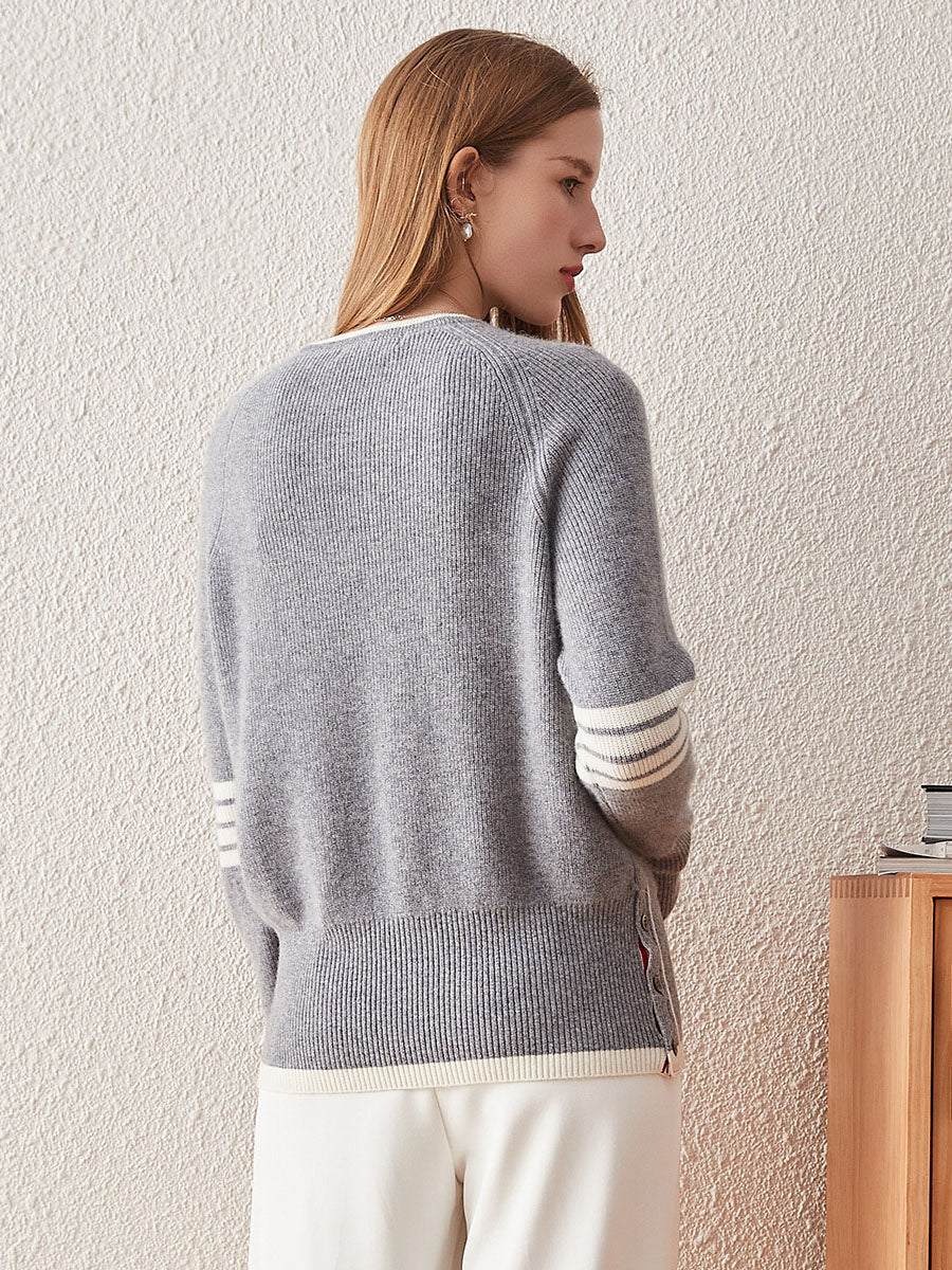 COMOBOCA 100% Cashmere Women's Striped Sleeve Round Neck Sweater