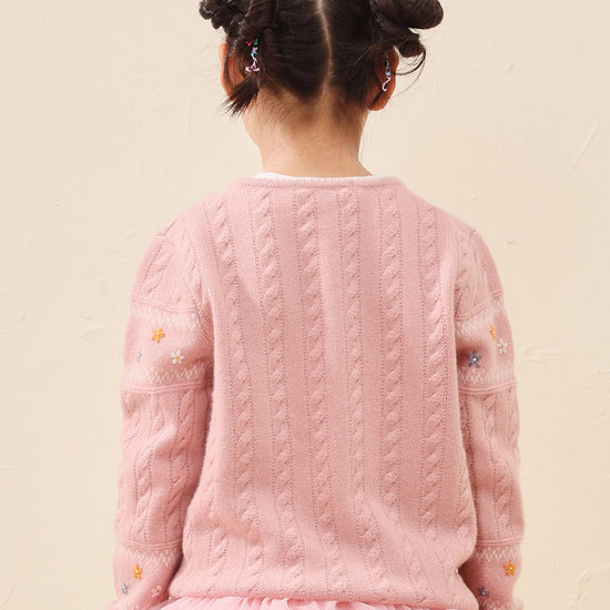 COMOBOCA 100% Wool Kid's Floral Embroidered Cable Knit Cardigan