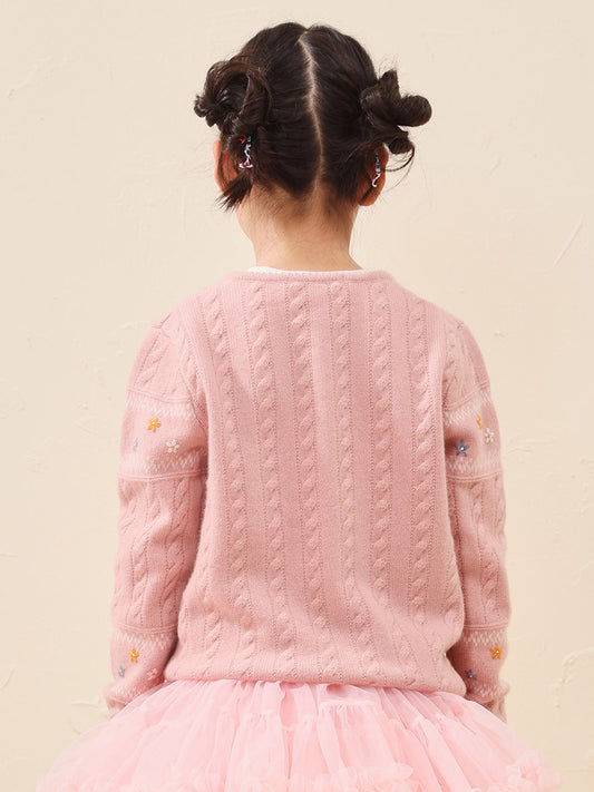 COMOBOCA 100% Wool Kid's Floral Embroidered Cable Knit Cardigan