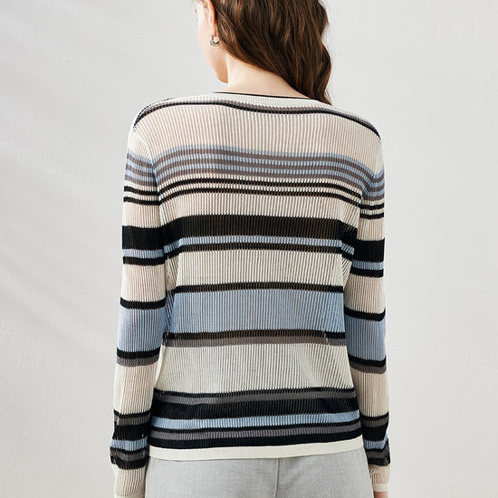 COMOBOCA Women's Striped Ribbed Round Neck Sweater