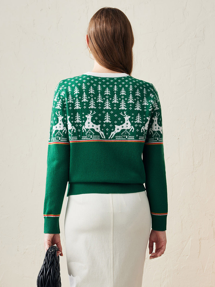 COMOBOCA 100% Wool Women's Reindeer Knit Sweater
