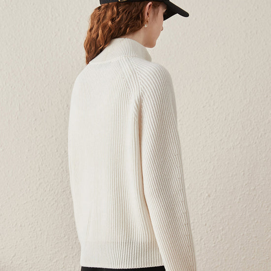 COMOBOCA 100% Wool Women's Half-High Neck Zip Cardigan