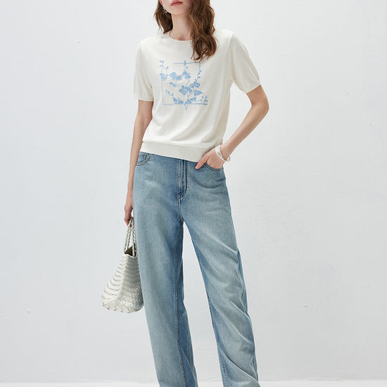 COMOBOCA Women's Floral Embroidered Ribbed Knit T-Shirt