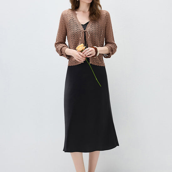 COMOBOCA Women's Linen Lace Knit Tie Front Cardigan