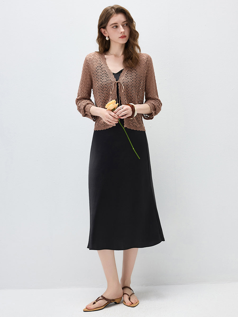 COMOBOCA Women's Linen Lace Knit Tie Front Cardigan