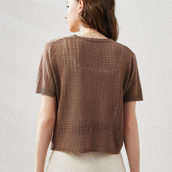 COMOBOCA Women's Linen Crochet Tie Short Sleeve Cardigan