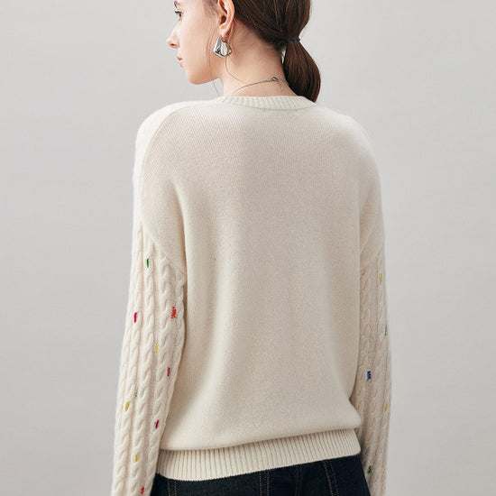 COMOBOCA 100% Cashmere Women's Cable Knit Colorful Accents Sweater