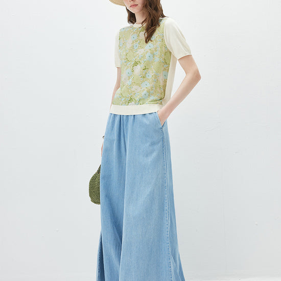 COMOBOCA Women's Mixed Print Short Sleeve Knit Top