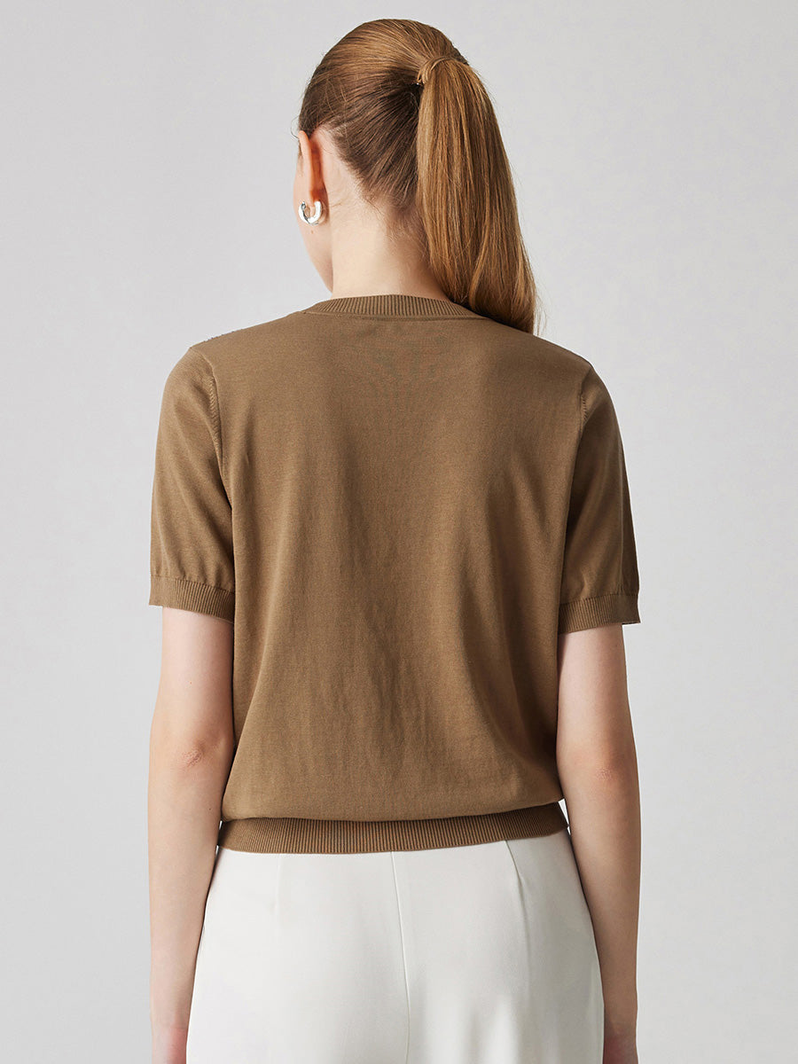 COMOBOCA Women's Cotton Silk Floral Ribbed Print Knit T-Shirt