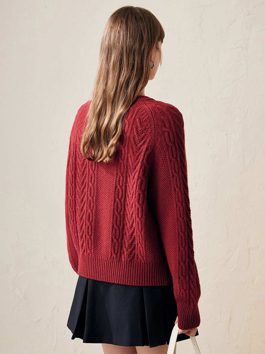 COMOBOCA 100% Wool Women's Cable Knit Button Cardigan