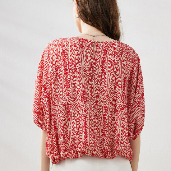 COMOBOCA 100% Mulberry Silk Women's Floral Printed Puff Sleeve Blouse