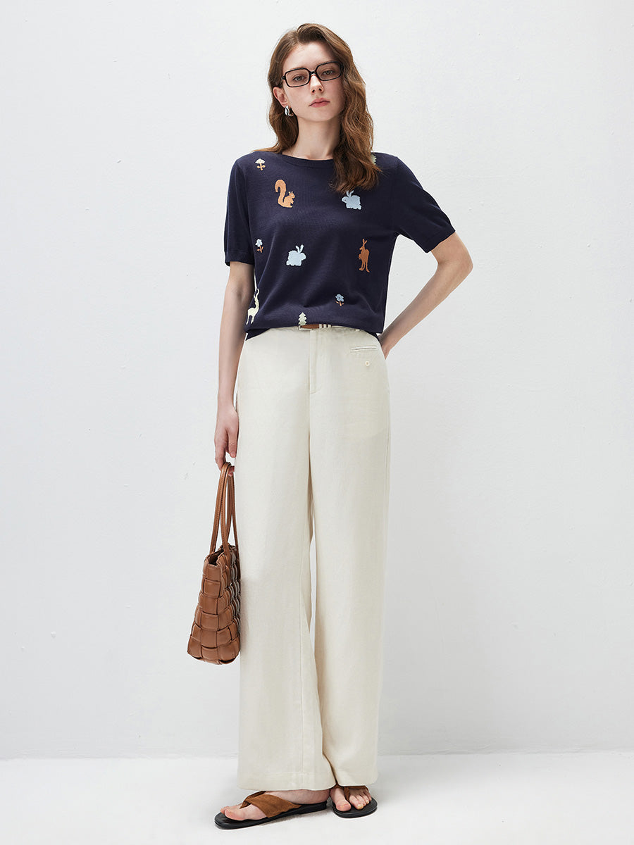 COMOBOCA Women's Forest Animal Intarsia Knit T-Shirt