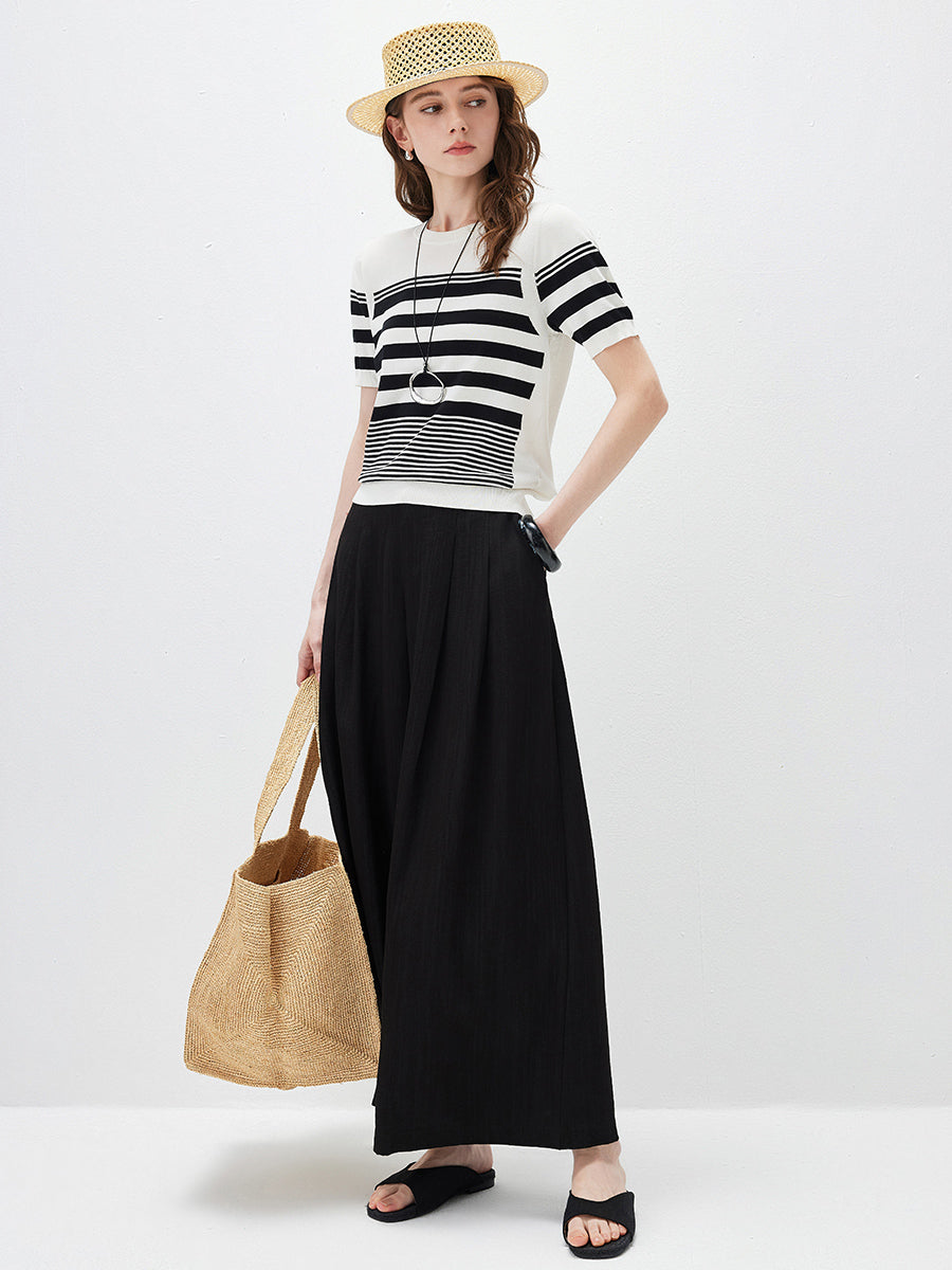 COMOBOCA Women's Contrast Stripe Knit T-Shirt