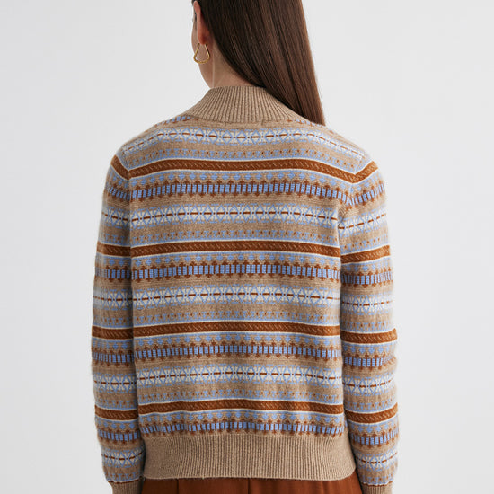 COMOBOCA 100% Cashmere Women's Fair Isle Double Zip Cardigan
