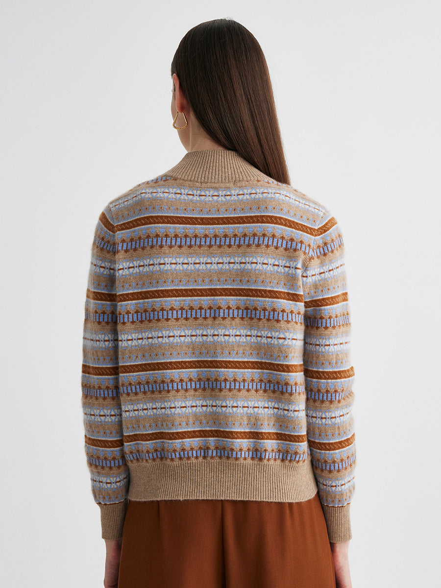 COMOBOCA 100% Cashmere Women's Fair Isle Double Zip Cardigan