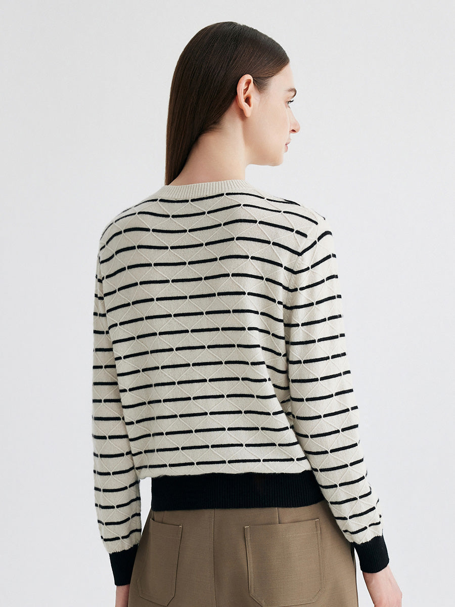 COMOBOCA 100% Cashmere Women's Striped Round Neck Knit Sweater