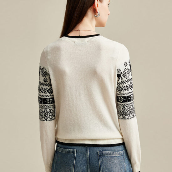 COMOBOCA 100% Cashmere Women's Nordic Reindeer Knit Sweater