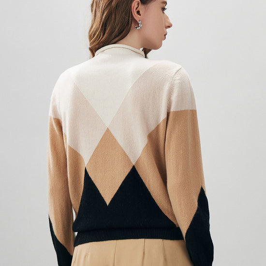 COMOBOCA 100% Cashmere Women's Turtleneck Geometric Ribbed Sweater