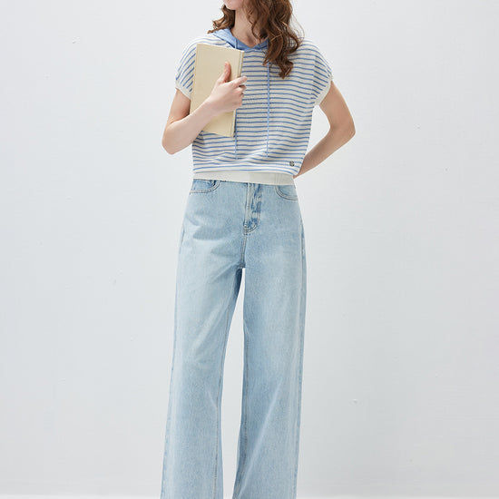 COMOBOCA Women's Striped Contrast Hooded Knit T-Shirt