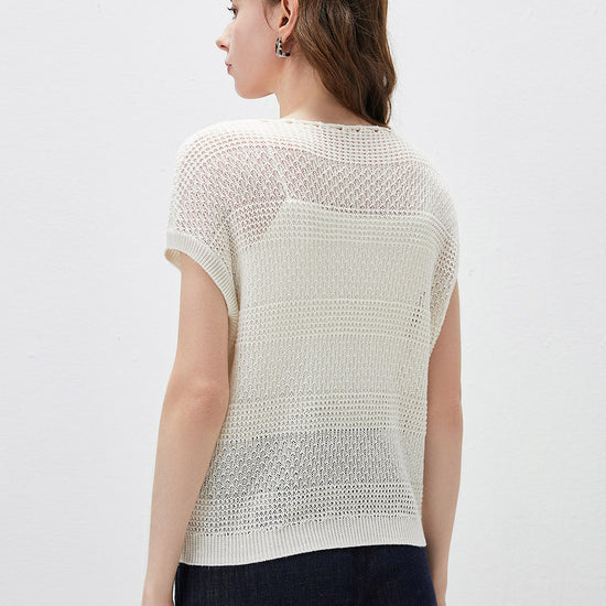 COMOBOCA Women's Tie-Neck Textured Knit Cap Sleeve Top