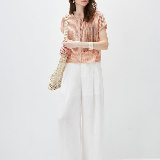 COMOBOCA Women's Openwork Mesh Knit Button Front Top