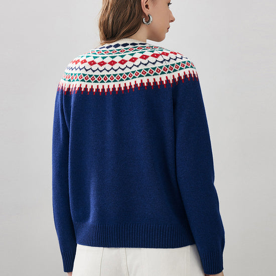 COMOBOCA 100% Wool Women's Fair Isle Inspired Button Down Cardigan