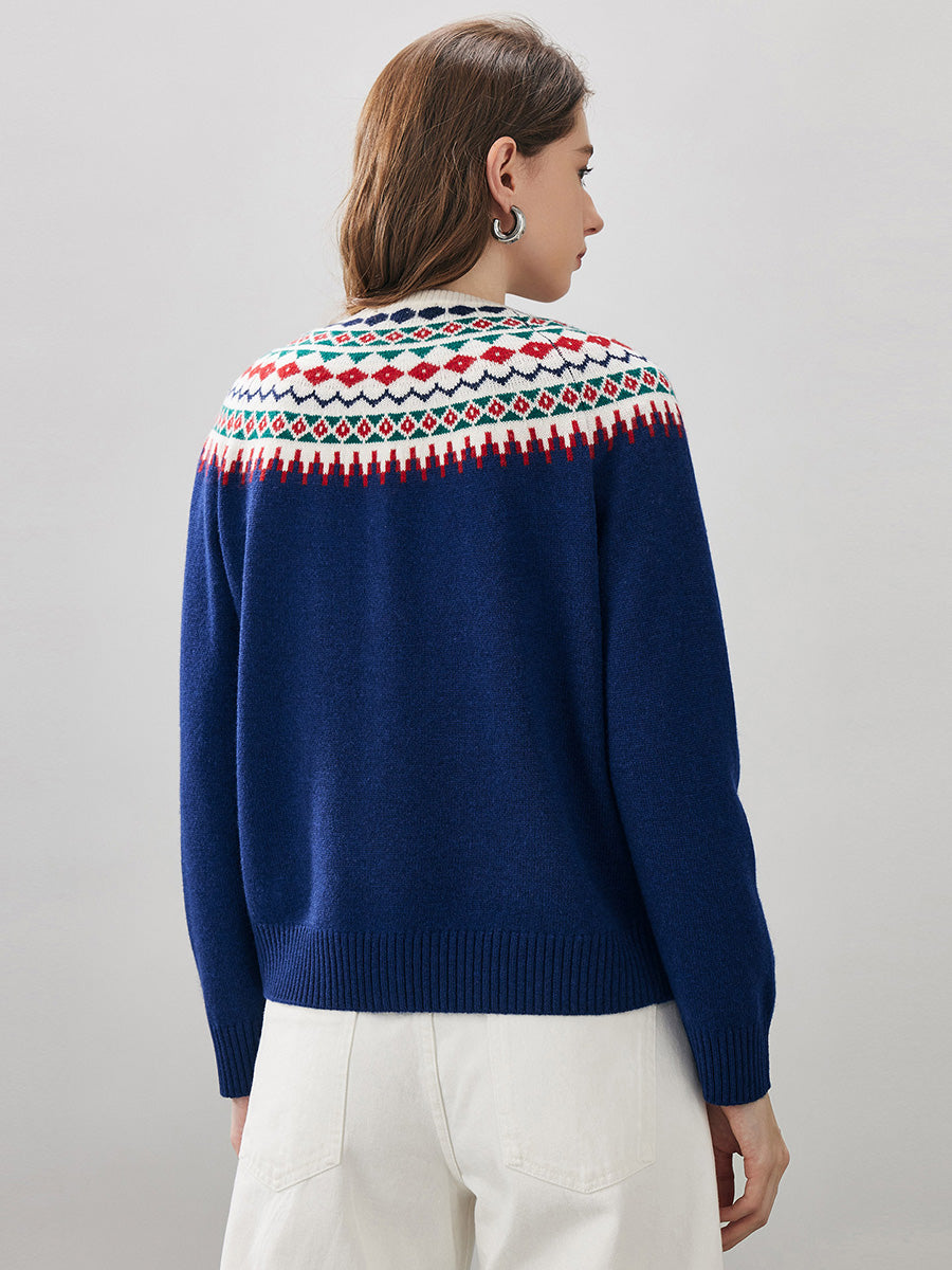 COMOBOCA 100% Wool Women's Fair Isle Inspired Button Down Cardigan