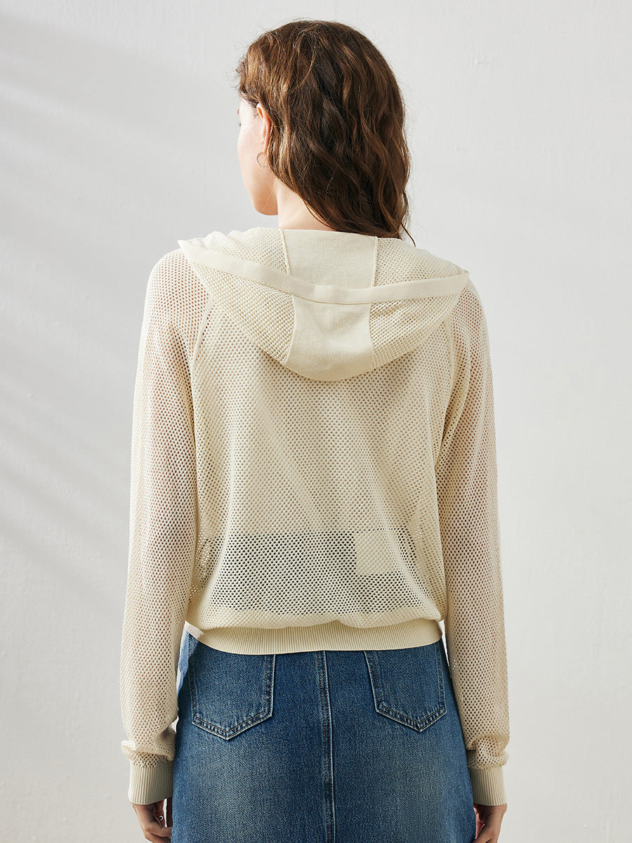 COMOBOCA Women's Ribbed Mesh Zip-Up Hoodie