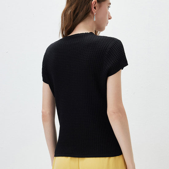 COMOBOCA Women's Waffle Knit Cap Sleeve T-Shirt with Sheer Yoke