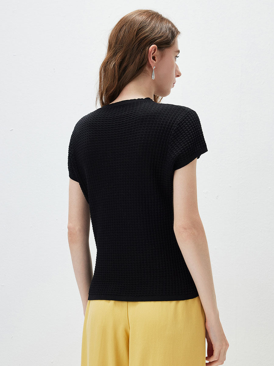 COMOBOCA Women's Waffle Knit Cap Sleeve T-Shirt with Sheer Yoke