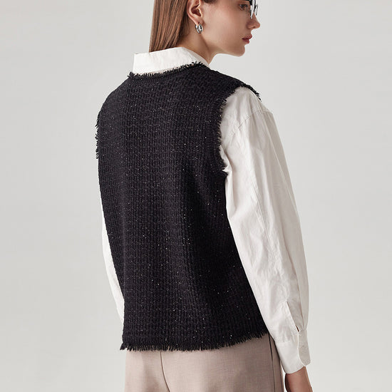 COMOBOCA 100% Wool Women's Button Down Frayed Hem Knit Vest
