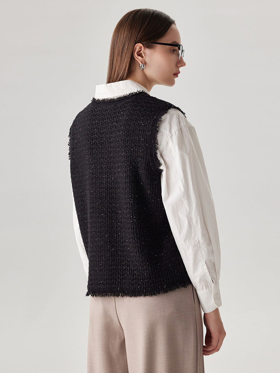 COMOBOCA 100% Wool Women's Button Down Frayed Hem Knit Vest