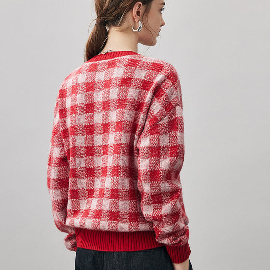 COMOBOCA 100% Cashmere Women's Checkered Round Neck Sweater